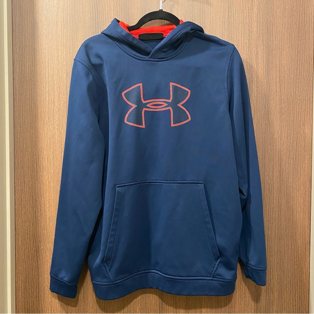 Under Armour Navy Fleece Hoodie Size Large Pullover Sweatshirt Loose Coldgear - Picture 3 of 17